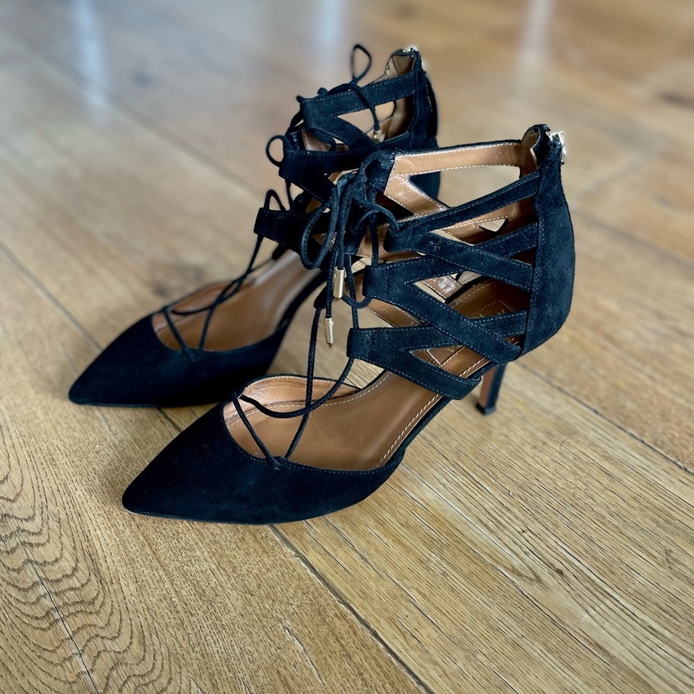 Aquazzura Black Suede Strappy Stiletto Heels